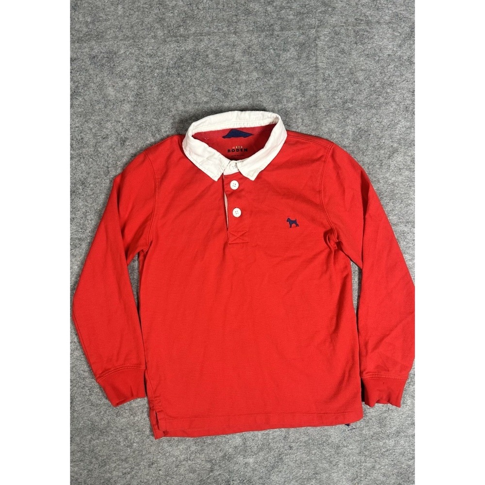 Mini Boden Boys 8-9Y Rugby Shirt Long Sleeve Polo Red Cotton Sporty Christmas